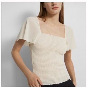 Theory Cream Flutter Sleeve Blouse